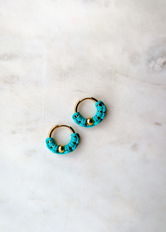 Mini Gold Hoop Earrings Blue Cord –– 18k Gold Plated | Waterproof