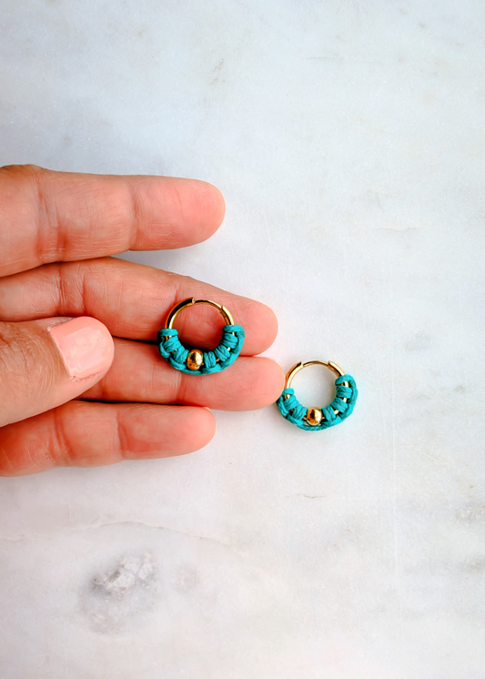Mini Gold Hoop Earrings Blue Cord –– 18k Gold Plated | Waterproof