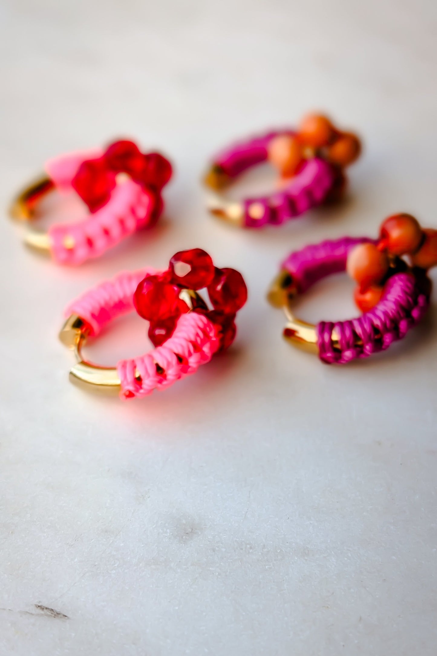 Gold Waterproof Hoop Earrings Magenta Cord