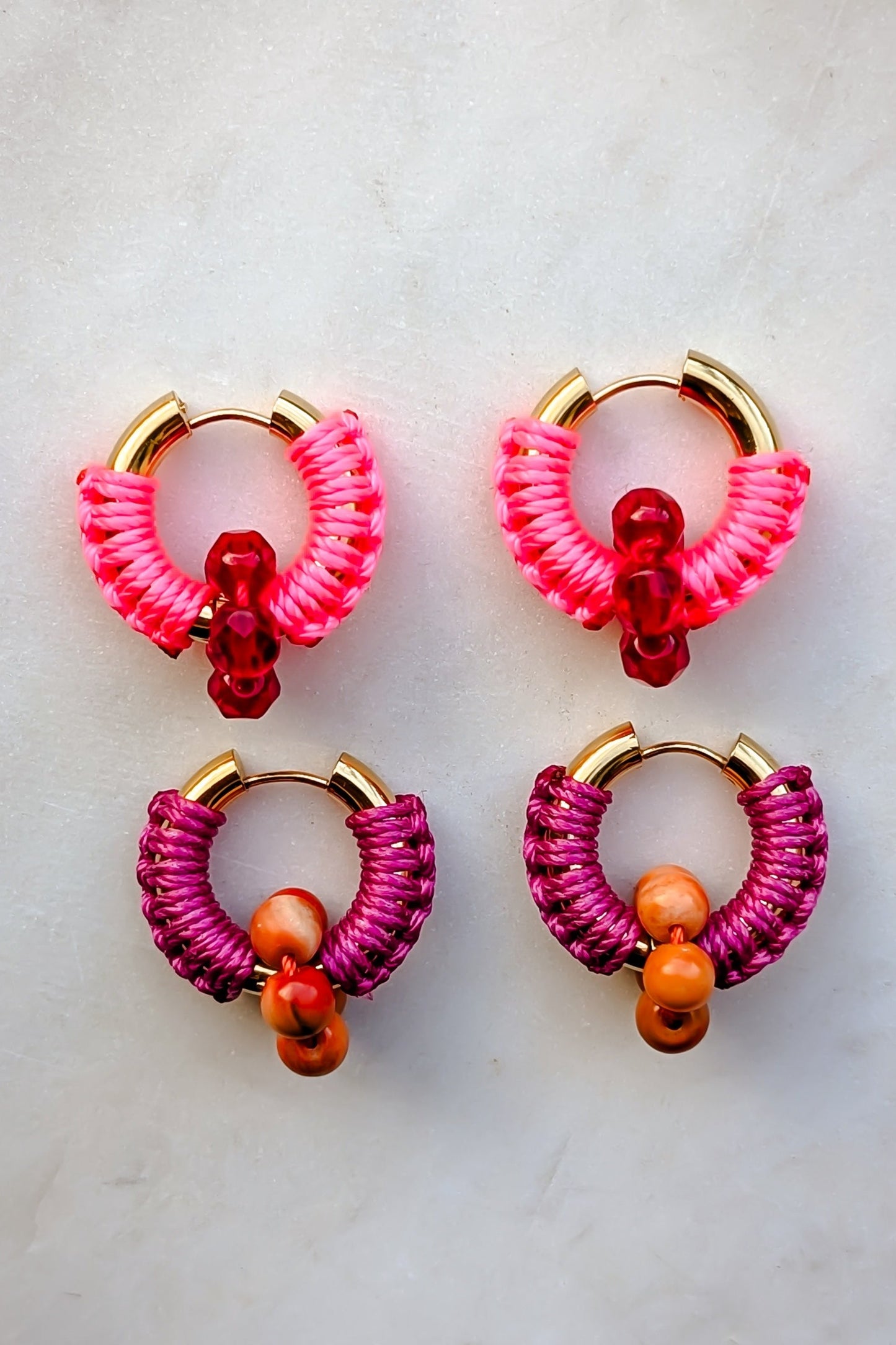 Gold Waterproof Hoop Earrings Magenta Cord
