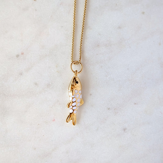 White Enamel and gold fish pendant