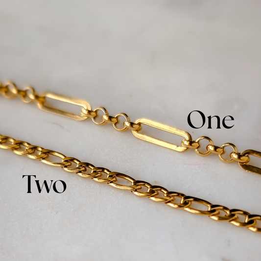 Two gold chains on a light gray background with labels 'One' and 'Two'.