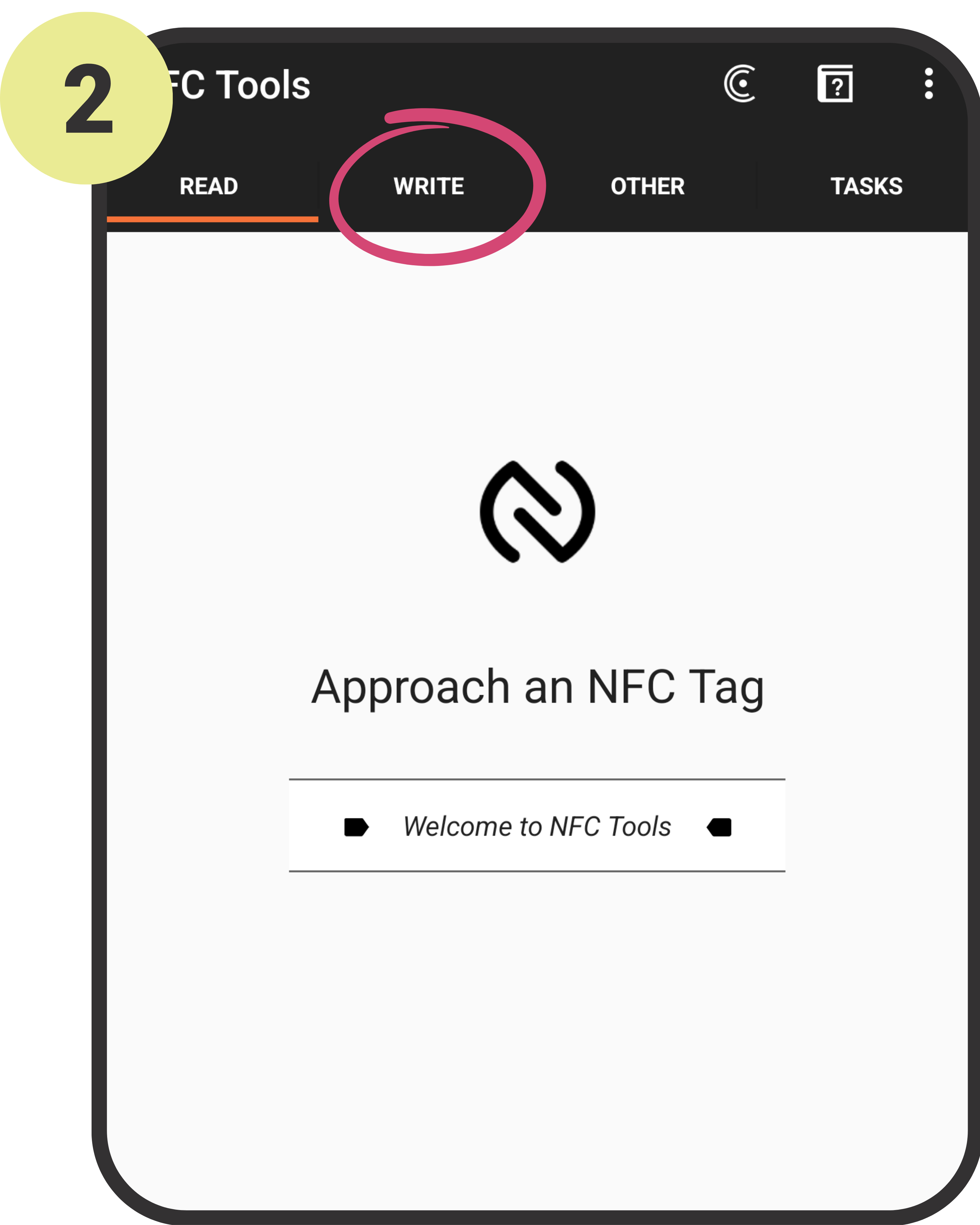NFC Tools app interface with 'Write' option highlighted on a smartphone screen.