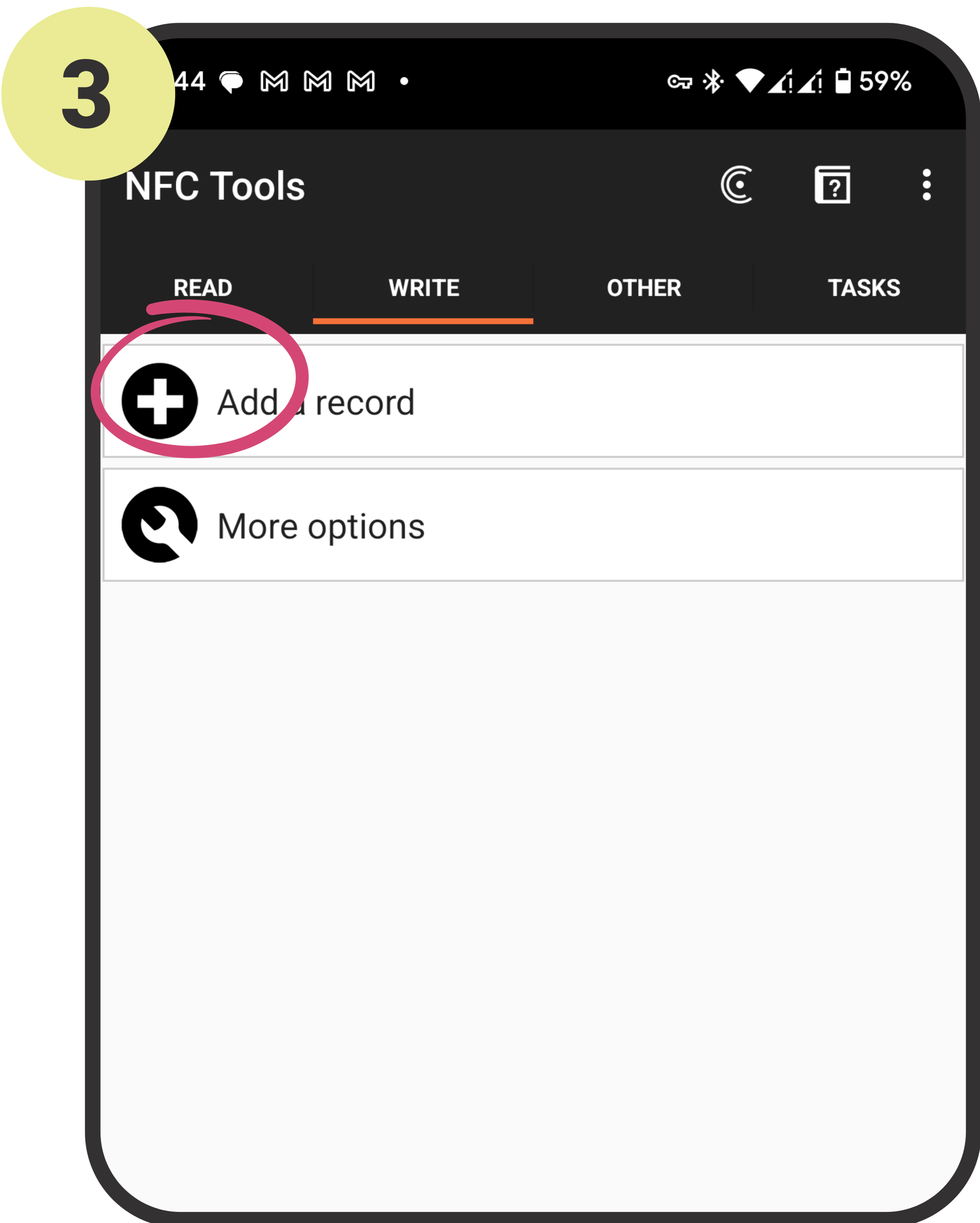 Phone screen showing NFC Tools app with 'Add record' option highlighted