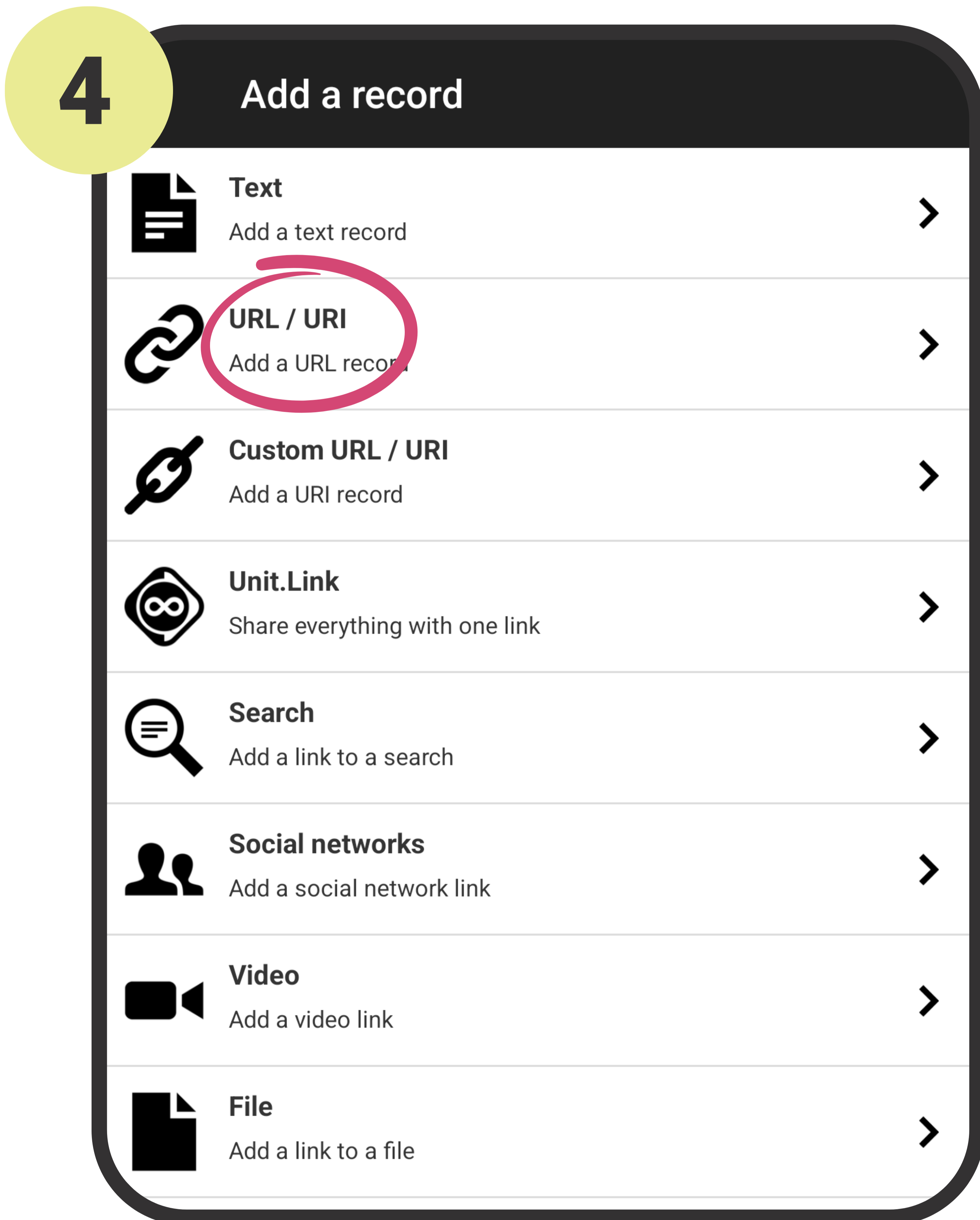 Screen showing a list of record addition options with 'URL / URI' highlighted.