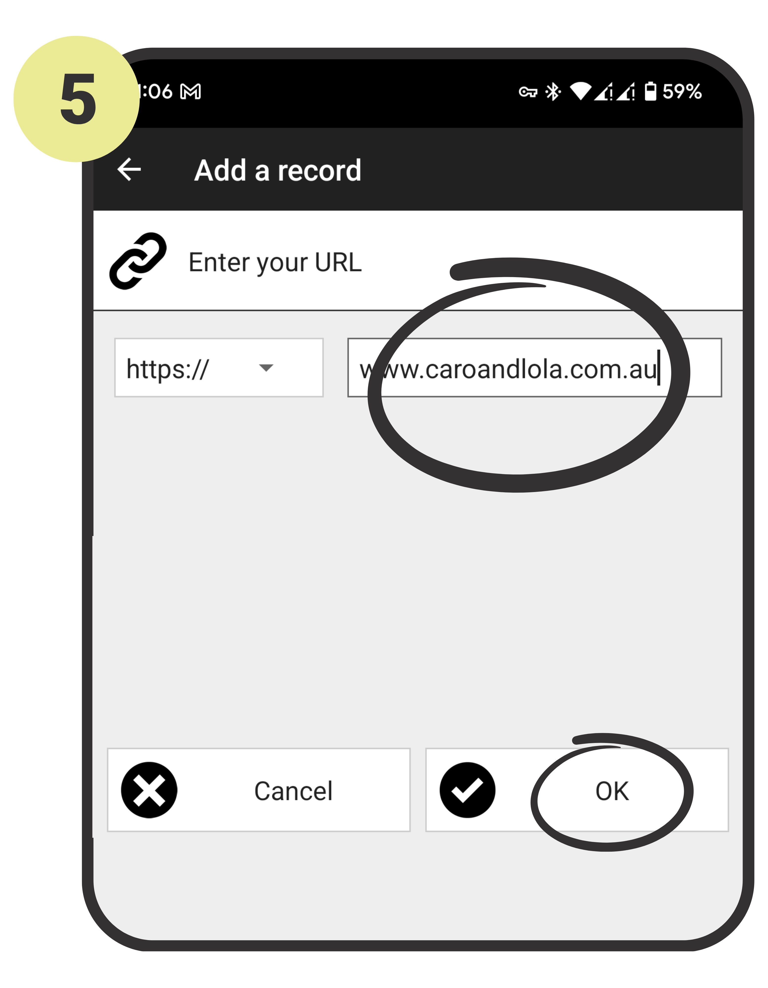 Phone screen showing a URL entry interface with 'www.caroandloila.com.au' entered.