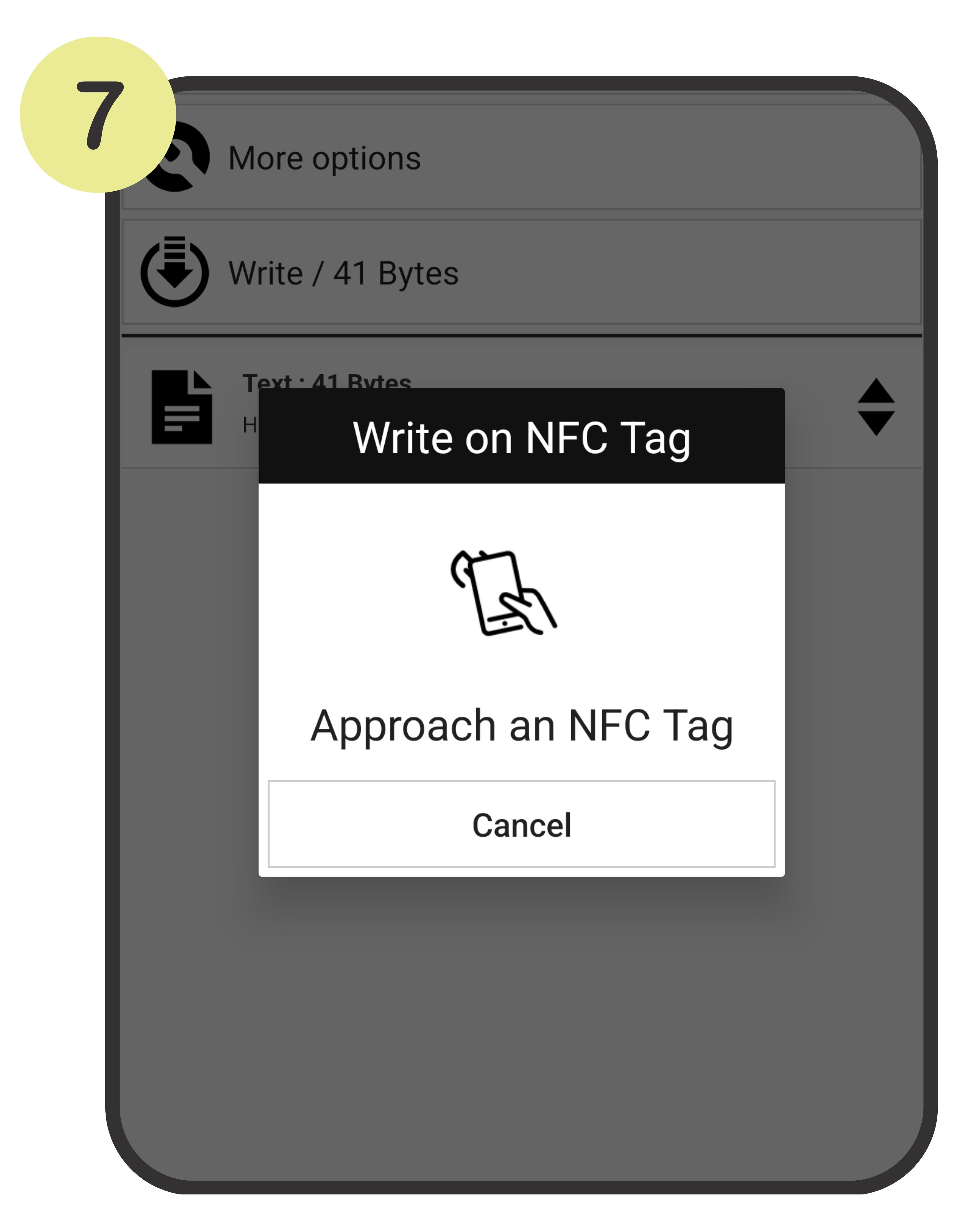 Screen showing 'Write on NFC Tag' dialog with an option to approach an NFC tag on a device interface.