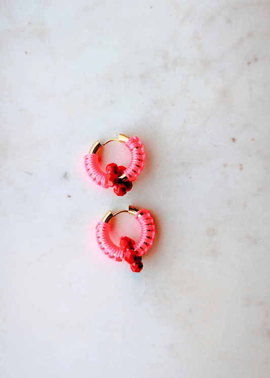 Gold Waterproof Hoop Earrings Pink Cord