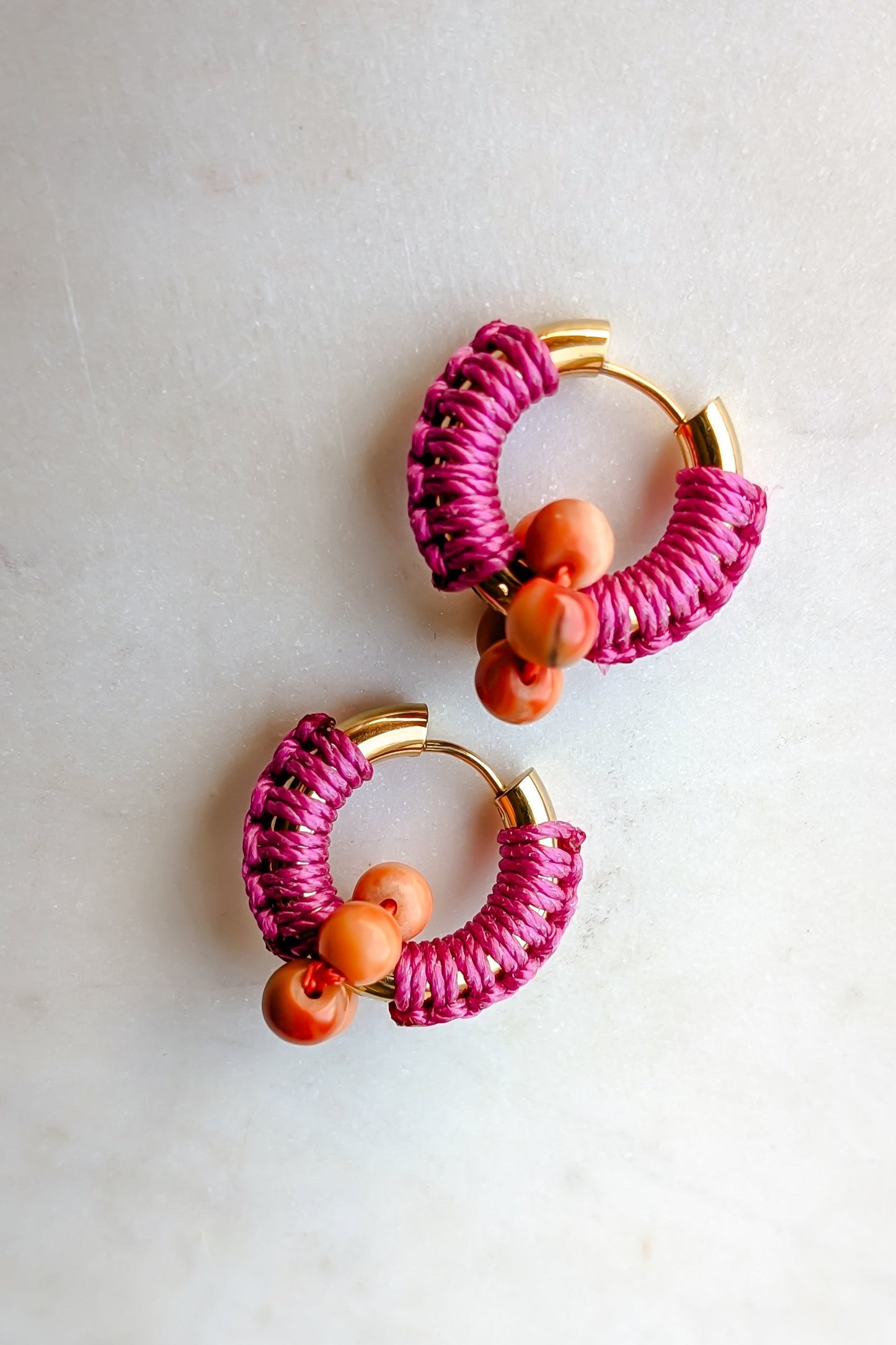 Gold Waterproof Hoop Earrings Magenta Cord