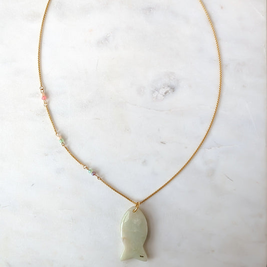 Amazonite Fish and Chain Necklace | 18k Gold Waterproof