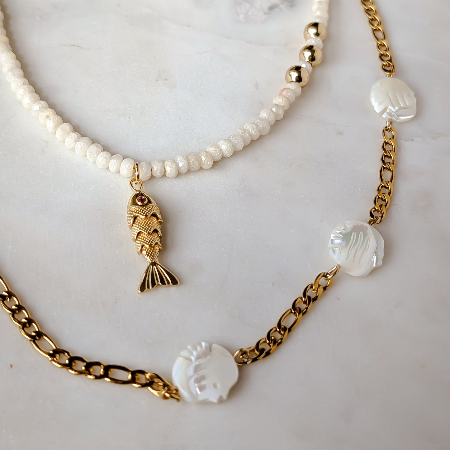 Seashell Fish and Chain Necklace | 18k Gold Waterproof