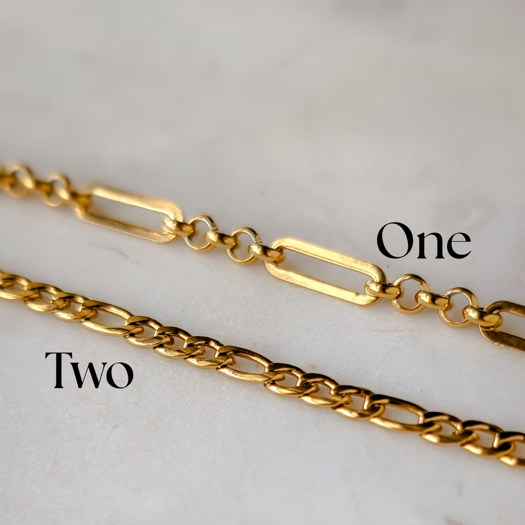 Two gold chains on a light gray background with labels 'One' and 'Two'.
